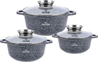 Produktbild von Graues Topfset 6tlg Topf Kompotttopf Suppentopf Kochtopf Keramik Marmor Induktionstöpfe GLASDECKEL (1.9L / 3.2L / 5.6L)