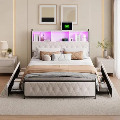 Immagine prodotto di Letto matrimoniale INONEFT 140x200 cm con 4 cassetti, letto imbottito con illuminazione LED e porte USB e Type-C, struttura letto per giovani con rete a doghe, tessuto velluto, colore beige