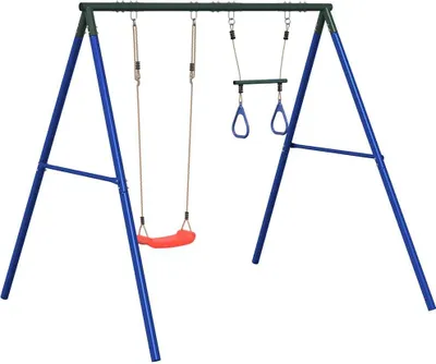 A swing set with a red swing seat and two blue rings.