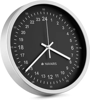 Produktbild von Navaris 24h Wanduhr rund mit schwarzem Ziffernblatt - 30 x 30 x 4cm - analoge Uhr zum Aufhängen mit 24 Stunden Zifferblatt - leise Wand Uhr