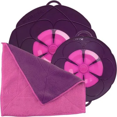 Produktbild von Unyqoos® Silikon-Überkochschutz-Set für Töpfe & Pfannen 14–24 cm – S (14–18 cm) + L (14–24 cm) mit zweilagigem Mikrofaser-Tuch, lila (300 ml), in bunter Box