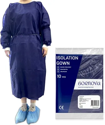 Produktbild von BORNOVA Einweg-Medizinmantel – OP-Isolationskittel – PP, Universalgröße – Qualität, bequem – Dunkelblau, nicht transparent 35 GSM / 10 Stück