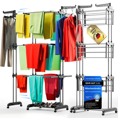 Two drying racks with clothes hanging on them, presented against a white background.