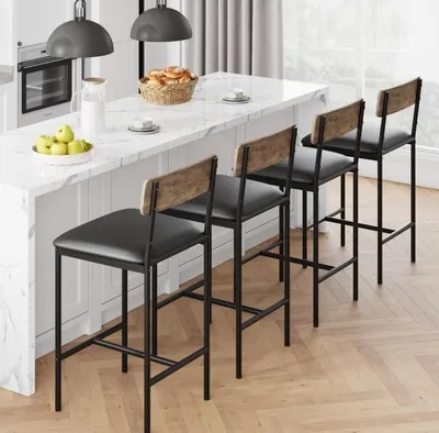 Produktbild von 4er Set Barhocker 65 cm mit Rückenlehne, Gepolsterte Tresenhocker aus PolyurethanKunstleder, Metallgestell Schwarz und Rückenlehne in Holzoptik Braun