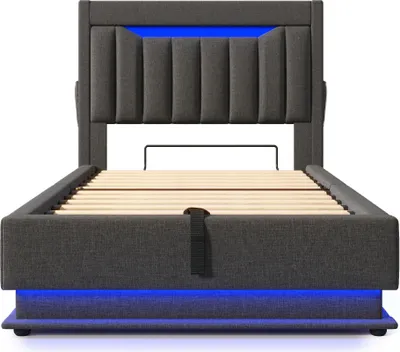 Produktbild von Polsterbett 90x200cm Ohne Matratze Grau Leinen Einzelbett Mit USB TypeC LED Beleuchtung Daybett Hydraulischem Stauraum Stauraumkopfteil Jugendbett