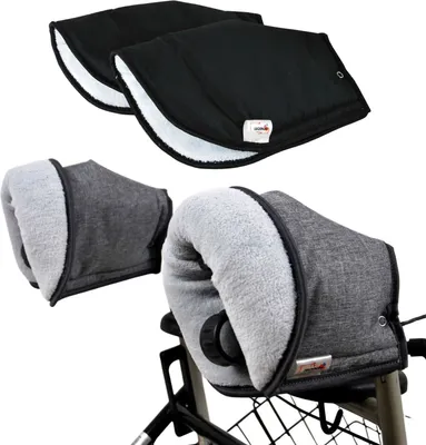 Two pairs of hand warmers for a rollator or wheelchair, one black and one gray, displayed against a white background.