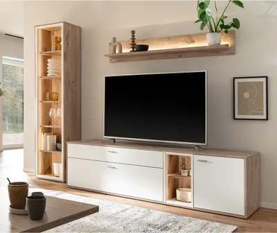 Produktbild von Wohnwand in Eiche und weiß modern mit LED-Beleuchtung, 3-teilig - SAGUNTO-05