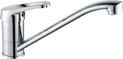A chrome kitchen faucet on a white background.