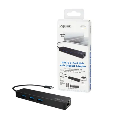 Zdjęcie produktu dla LogiLink UA0313, USB 3.2 Gen 1 (3.1 Gen 1) Type-C, Czarny, RJ-45, USB 3.2 Gen 1 (3.1 Gen 1) Type-A, 319 mm, 29 mm, 15 mm