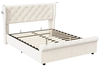 Image de Lit double avec coffre de rangement, revêtement en velours, structure en bois avec tête de lit. Comprend 4 tiroirs. Dimensions : 140 x 190 cm. Matelas non inclus. Couleur : beige