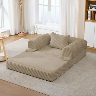 Produktbild von Einzel-Schlafsofa, Cord, umwandelbar, Klappsofa-Bett, platzsparend, Gästebett. Khaki