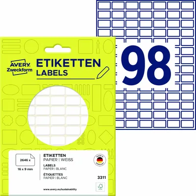 Produktbild von Avery Zweckform 3311, Vielzweck-Etiketten, 16 x 9 mm, 2.646 Etiketten / 27 Bögen, Weiß