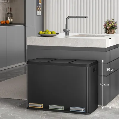 Immagine prodotto di Contenitore per rifiuti da cucina da 45 litri – Pattumiera con 3 scomparti e pedali colorati per la raccolta differenziata