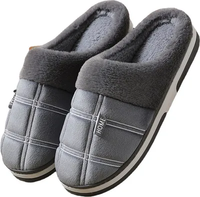 Produktbild von Plaid Hausschuhe für Herren,Damen,Memory Foam Winter Plüsch Innenschuhe Warm Hausschuhe Rutschfest Grau