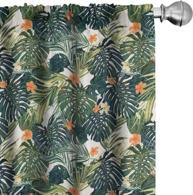 Produktbild von ABAKUHAUS Blumen Vorhänge, Gardinen, Botanische tropische Blätter und Blumen-hawaiische Themasommer-Betriebsillustration, 2 Stück 75 x 175 cm, Grün und Weiß