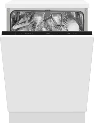 A white dishwasher with its door open, showing the interior racks and dishes.