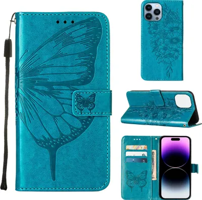 Produktbild von iPhone 15 Pro Hülle, Schmetterling Prägung Flip Leder Kartenfächer Schutzhülle Ledertasche mit Ständer für iPhone 15 Pro Blau