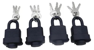 Immagine prodotto di Set di 4 lucchetti da esterno, resistenti alla pioggia, in ottone, dimensioni 58,9 x 38,8 mm, con 2 chiavi ciascuno