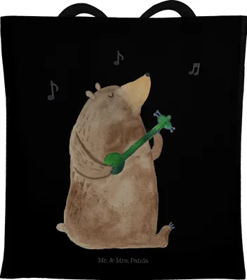 Produktbild von Mr. & Mrs. Panda Beutel Bär Gitarre - Schwarz - Geschenk, Tasche, Schultasche, Einkaufstasche, Shopping, Tragetasche, Teddy, Jutebeutel