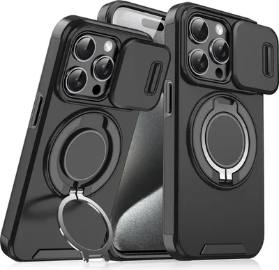 Immagine prodotto di Custodia a doppio strato per iPhone 15 Pro, con copertura scorrevole della fotocamera e supporto ad anello magnetico Nero