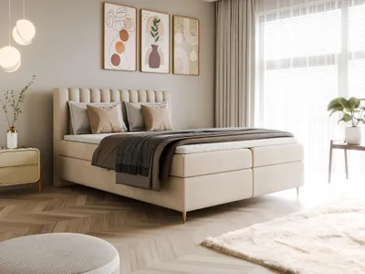 Image de Lit Boxspring LUX II 160x200 | Complet Topper 2 Matelas 2 Coffres rangement | Tissu Velours doux Beige