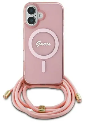 Obrázok produktu pre Guess GUHMP16SHCTSGNSP, puzdro pre iPhone 16, 6,1 palca, ružové, pevné, s remienkom cez telo, vzor "Cord Script", kompatibilné s MagSafe (GUHMP16SHCTSGNSP)