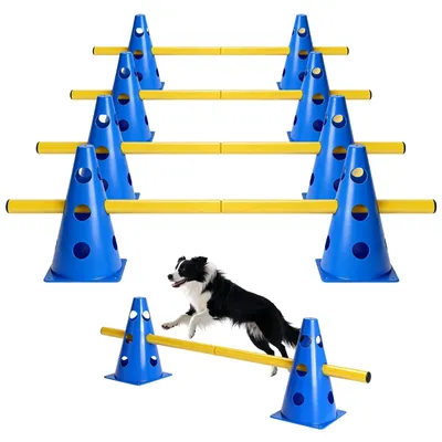 Obrázok produktu pre Sada pre agility – 8 prvkov – Nastaviteľná výška – Prekážka s kužeľmi – Slalomová prekážka – Tréning psov – Odnímateľné tyče
