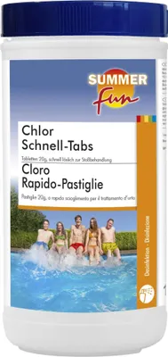 A product shot of a container of pool chlorine tablets with a group of young people in a pool in the background.