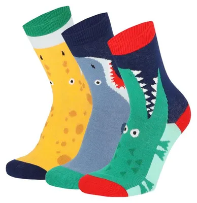 Produktbild von Jungen Socken 3er Pack, Kindersocken mit lustigen Tieren und bunten Motiven, Motivsocken Set für Alltag und Schule, Farbe:Gelb, Größe:23-26