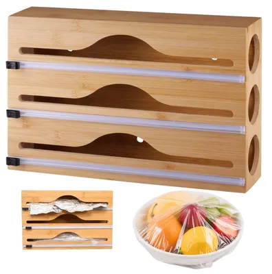 Image de Elzusha - Distributeur 3-en-1 : Porte-rouleau de cuisine, distributeur de film alimentaire et coupe-film. En bois/bambou. Dimensions : 34x23x7 cm. Distributeur de film alimentaire
