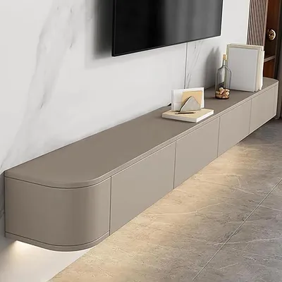 Obrázok produktu pre Zavesiteľná televízna skrinka, moderný minimalistický dizajn, drevo, veľká televízna skrinka na stenu, nízka komoda pod televízor, úložný priestor, ovládanie médií, zavesiteľná doska pod televízor, vhodná do obývačky alebo spálne