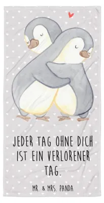 Produktbild von Mr. & Mrs. Panda Duschtuch Pinguine Kuscheln - Grau Pastell - Geschenk, Strandtuch, Freundin, für, Hochzeitstag, Valentinstag, Großes Badehandtuch, Handtuch, Freund