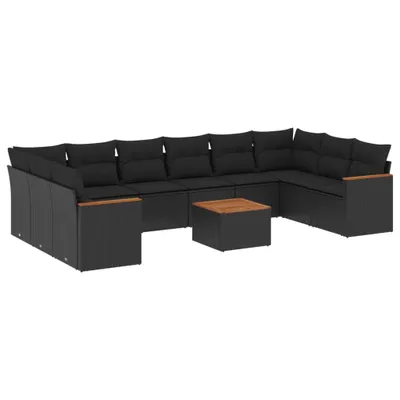 Produktbild von 11-tlg. Garten-Sofagarnitur, modular, für Außenbereich, aus PE-Rattan, pulverbeschichtetem Stahl & Akazienholz, mit 22 Kissen, Schwarz, UV-beständig