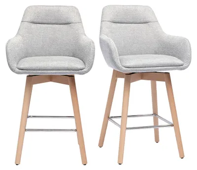 Produktbild von Miliboo - Skandinavische Barhocker mit 360° drehbarem Sitz in hellgrauem Samt-Effekt Stoff und hellem Holz H65 cm (2er-Set) ALESS