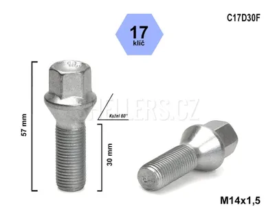 Obrázok produktu pre Skrutka kolesa M14x1,5x30 s kužeľom, kľúč 17, C17D30F výška 57 mm