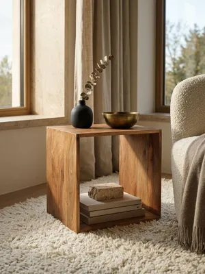 Produktbild von Standregal MUMBAI Massivholz Akazie 43,5 cm Cube Regal Design Holzregal Naturprodukt Beistelltisch Landhaus-Stil