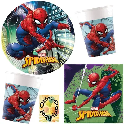 Produktbild von Spiderman Team Up Partyset 52tlg. Teller Becher Servietten für 16 Kinder