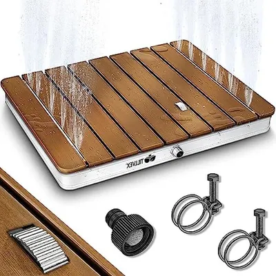 Productafbeelding van Tuindouche met Pedaal - Buitendouche Vloerdouche - Verfrissing in de tuin - Fonteinhoogte tot 4m - 70x70x8 cm - Houtlook