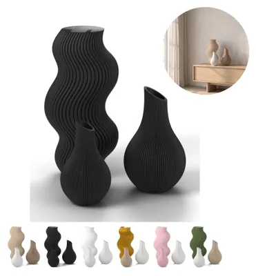 Produktbild von Deko Vasen Set, 3 gerippte Vasen bis 18,4 cm aus PLA, 6 Farbmixe – Schwarz