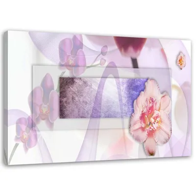 Produktbild von Leinwandbild romantische blumenkomposition 100x70 cm Feeby lila wandbild bereit zum aufhängen