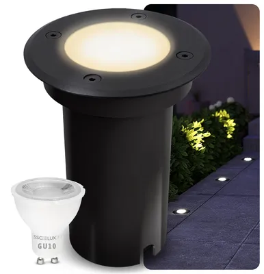 Produktbild von SSC-LUXon KALPA Bodenstrahler LED rund schwarz - Bodenleuchte IP67 Außenlampe mit GU10 Birne 2W warmweiß - Bodenlampe für Garten & Terrasse