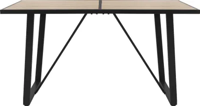 A table with a wooden top and black metal legs, shown from the front.