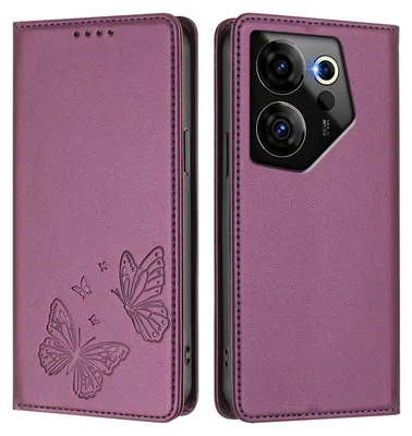 Image de Étui en cuir pour Tecno Camon 20 Premier, motif papillon, étui à rabat avec porte-appareil, violet