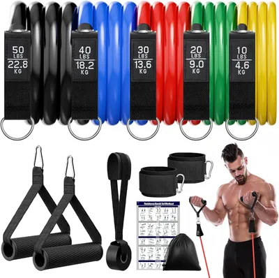 Produktbild von Ein Set aus 5 Widerstandsbändern mit Griffen, Fußschlingen und Türanker zur Krafttraining, Pilates und Yoga