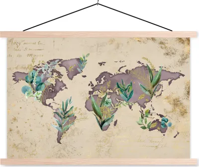 Produktbild von MuchoWow® Textilposter Weltkarte - Vintage - Gold 120x80 cm mit holzfarbenen Rahmen - Aufhängeset