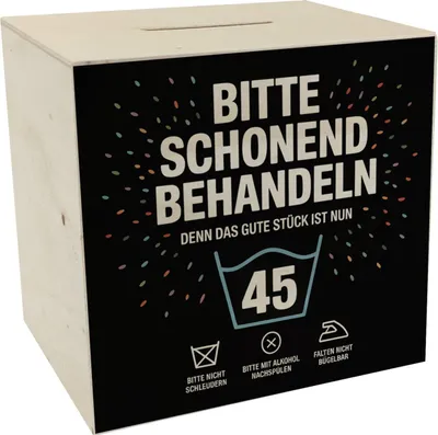 Produktbild von Wäschepflegeetikett Spardose aus Holz bitte schonend behandeln wird 45