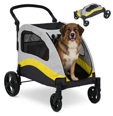 Immagine prodotto di Carrello per cani di grossa taglia - Carrello pieghevole per animali domestici - Ruote girevoli a 360° - Finestre in rete - Imbottitura rimovibile e lavabile - Giallo