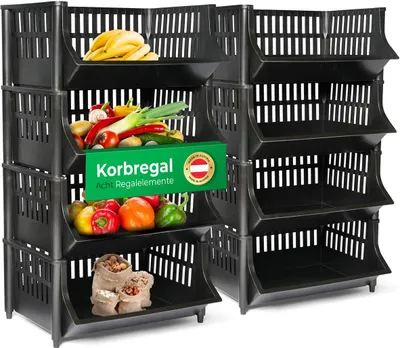Immagine prodotto di Novaliv 8 pezzi scaffale a cestello nero a innesto Scaffale impilabile ed espandibile, scaffale per dispensa, scaffale per alimenti, scaffale per frutta, scaffale per mele, cestino impilabile, scaffale impilabile in plastica