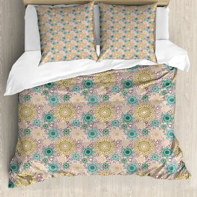 Produktbild von ABAKUHAUS Mandala Bettbezug Set, Orientalisches Blumenmuster mit Kreisen Hintergrund-orientalische Kulturinspirationen, 200 x 200 cm + 80 x 80 cm, Mehrfarbig