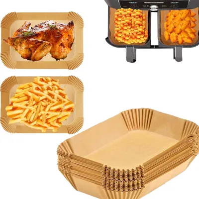 Produktbild von Backpapier für Heißluftfritteusen, 100 Stück, rechteckig, 22x14 cm, für Ninja AF300EU, AF400EU, AF400EUCP und Ninja Foodi MAX Dual Zone.